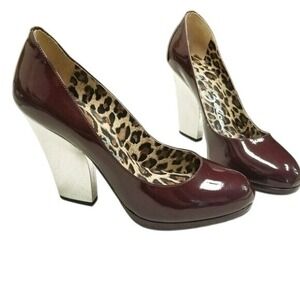 Sergio Zelcer Burgundy Patent Leather‎ Leopard Lining Mirrored Heel Pumps 7.5